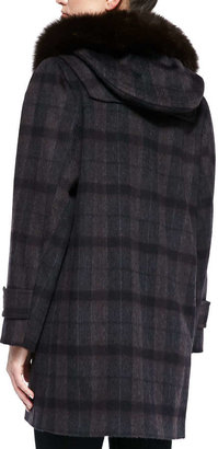 Sofia Cashmere Plaid Coat W/ Fur-Trimmed Hood