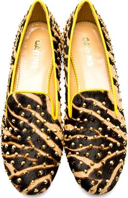 DSquared 1090 Dsquared2 Tan & Gold Calf-Hair Studded Zebra Loafers
