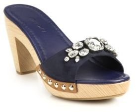 Miu Miu Swarovski Crystal Wooden-Heel Suede Mule Sandals