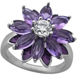 Lord & Taylor Sterling Silver Amethyst with White Topaz Flower Ring