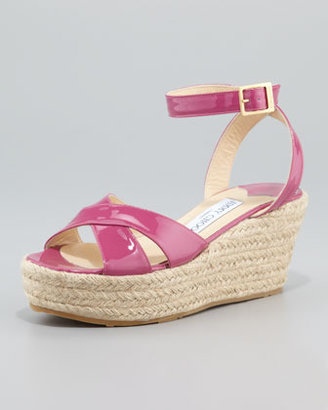 Jimmy Choo Pepper Patent Leather Espadrille Wedge Sandal, Pink