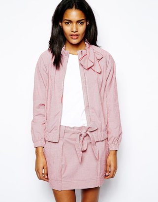 Love Moschino Cotton Zip Front Bomber Jacket with Bow Tie in Tiny Gingham