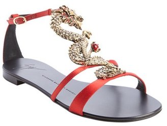 Giuseppe Zanotti red satin jewelled dragon flat sandals