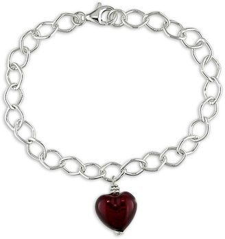 DiamoreTM Gold and Ruby Murano Glass Heart Link Bracelet in Silver, 7.5"