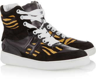 Hogan Katie Grand Loves Suede, leather and tiger-print calf hair sneakers