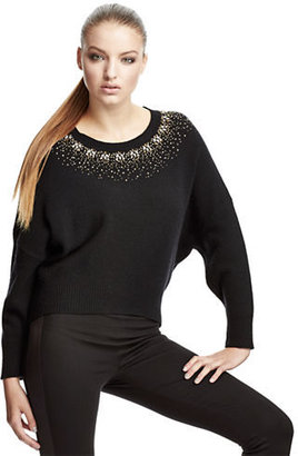 DKNY Long-Sleeve Embellished Crew Neck Top