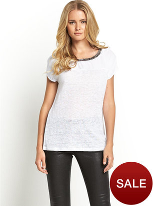 Definitions Embellished Neck Jersey Woven Top