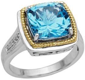 Lord & Taylor Sterling Silver & 14 Kt. Yellow Gold Blue Topaz Ring with Diamonds