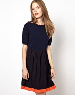 NW3 by Hobbs Jersey Skater Dress with Contrast Trim and Woven Top - Navy/saffron