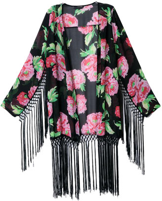 Choies Black Sunscreen Flower Kimono Coat With Tassels