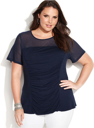 INC International Concepts Plus Size Short-Sleeve Ruched Illusion Top