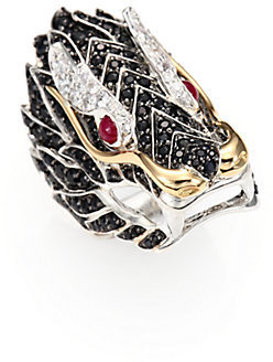 John Hardy Naga Black Sapphire, Ruby, 18K Yellow Gold & Sterling Silver Dragon Ring
