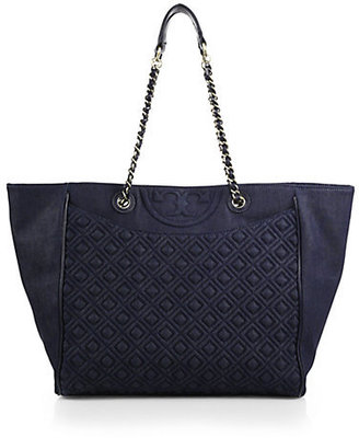 Tory Burch Fleming Quilted Denim East-West Tote