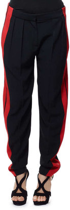 Alexander McQueen Side-Stripe Leaf Crepe Pants, Black/Red
