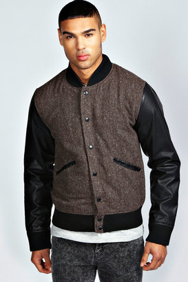 boohoo Tweed Leather Look Bomber Jacket