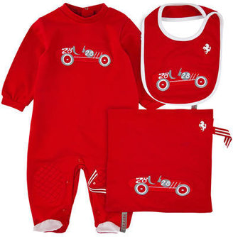 Ferrari gift pack: red cotton jersey sleepsuit, cuddly toy and small bib