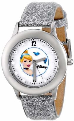 Disney Kids' W000391 Tween Glitz Cinderella Stainless Steel Silver Glitter Leather Strap Watch