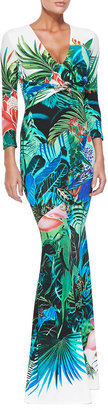 Roberto Cavalli Mustique Tropical Floral-Print 3/4-Sleeve Gown