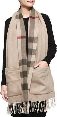 Burberry Cashmere-Blend Check Stole with Pockets, Smoked Trench