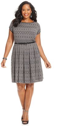 London Times Plus Size Dress, Cap-Sleeve Belted Lace