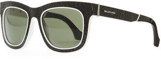 Balenciaga Cracked Square Sunglasses, Black/White
