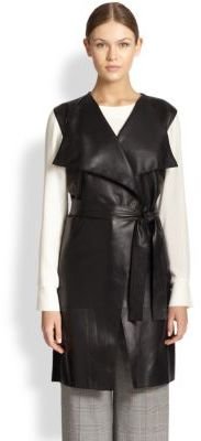 St. John Leather & Wool Tie-Belt Maxi Vest