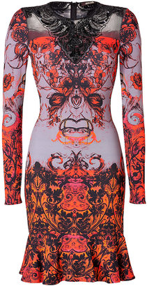 Roberto Cavalli Jersey Printed Dress with Lace Inlay in Rosso