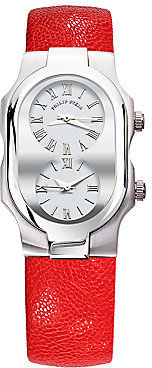 Philip Stein Teslar Stainless Steel Small Dual Time Zone Strap Watch/Red