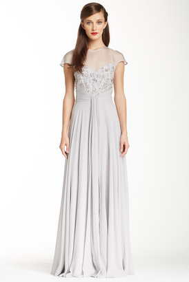 Theia Embellished Mesh Inset Silk Gown