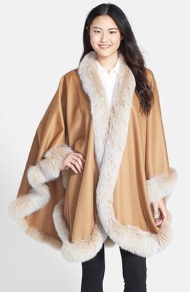 Sofia Cashmere Genuine Fox Fur Trim Cashmere Cape