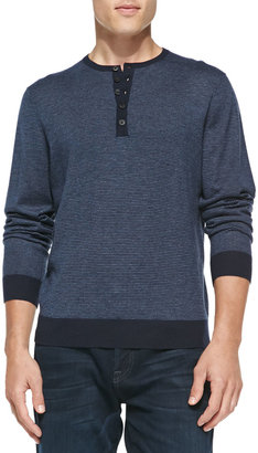 Neiman Marcus Fine-Stripe Cashmere Henley Sweater, Navy/Denim