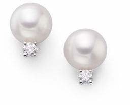 Mikimoto 7MM White Cultured Akoya Pearl, Diamond & 18K White Gold Earrings