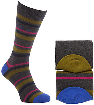 Ted Baker Sawdon Striped Cotton Socks Pack of 2, One Size, Charcoal/Yellow