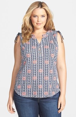 Lucky Brand Ruched Shoulder Print Top (Plus Size)