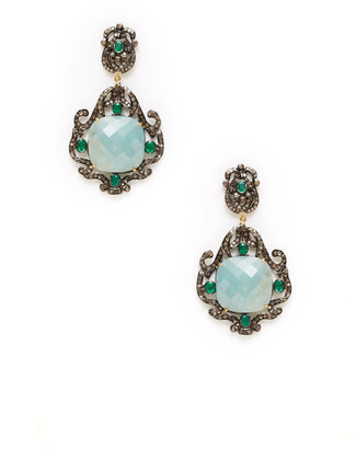 Aquamarine & Emerald Geometric Filigree Double Drop Earrings