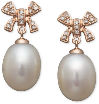 Effy Pearl Earrings, 14k Rose Gold Cultured Freshwater Pearl and Diamond (1/8 ct. t.w.) Bow Earrings
