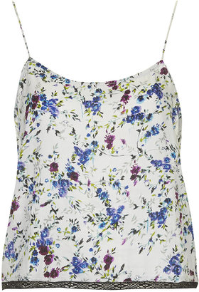 Topshop Silver-grey pyjama cami with pansy floral print and black lace trims. 100% viscose. machine washable.