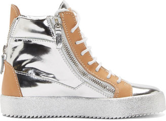 Giuseppe Zanotti Silver and Beige Leather May London Wedge Sneakers
