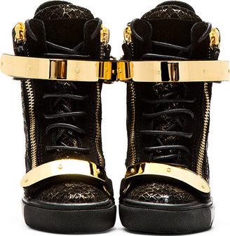 Giuseppe Zanotti Black & Gold Lorenz High-Top Wedge Sneakers