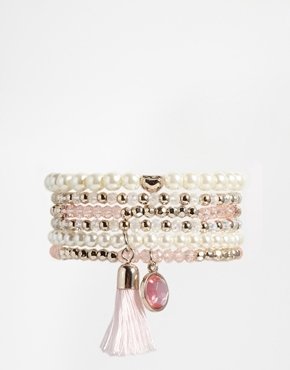 Lipsy Pearl & Tassel Stretch Pack Bracelets - white