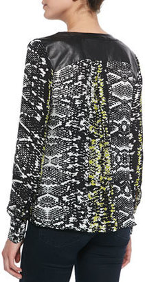 Parker Daniela Snake-Print Leather-Trim Top, Black Snake Lace