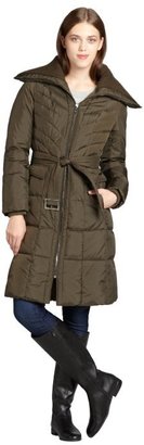 Cole Haan olive quilted down filled belted three quarter puffer coat