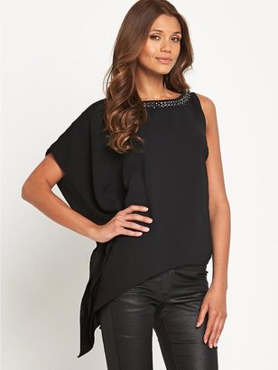 Definitions Embellished Neck Asymmetric Blouse