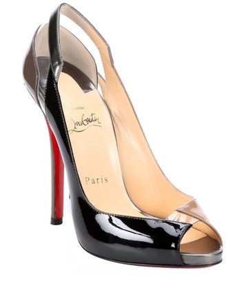 Christian Louboutin brown and black patent leather 'Technicatina 120' peep-toe pumps
