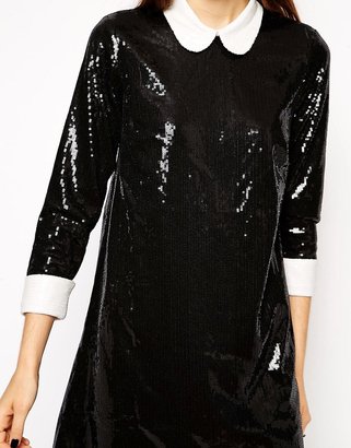 ASOS PETITE Exclusive Sequin Swing Dress with Collar and Cuffs