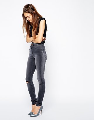 ASOS TALL Ridley High Waist Ultra Skinny Jeans in Slick Grey with Ripped Knee