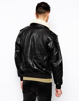 Reclaimed Vintage Leather Bomber Jacket with Borg Collar