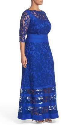 Tadashi Shoji Plus Size Women's Embroidered Lace Blouson Gown, Size 22W - Blue