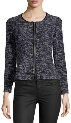 Neiman Marcus Looped Knit Faux-Leather-Trimmed Cardigan, Black/Gray