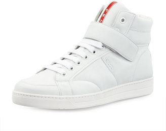 Prada Avenue Leather Hi-Top Napa Sneaker, White